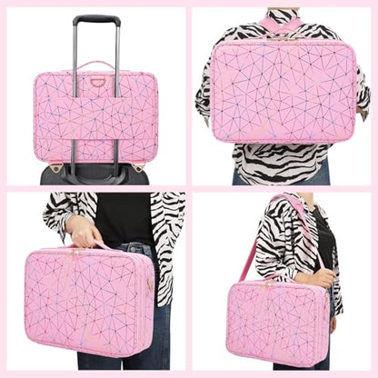 MONSTINA Professional Makeup Case Bag|3 Layers Large Capacity Cosmetic Organizer Brush Bag,Barber Train Case Makeup Artist Box,PU Leather Stylish Geometric Reflection Patterns Pink - color: Pink Diamond, size: Large