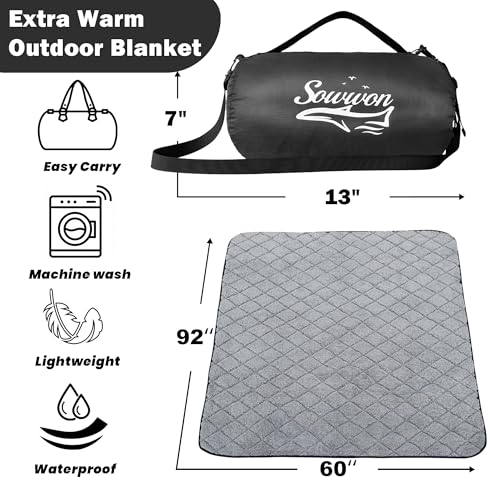 Waterproof Outdoor Blanket 92”X 60” Packable, Stadium Blankets for Camping with Sherpa Fleece Lining, Large Windproof Emergency Throw Mat for Garss Picnic Hiking Road Trip, Machine Washable, Black - color: Sherpa Black-300 Gsm, size: 92"x 60"