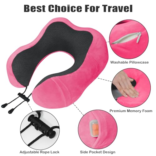Travel Pillow, Memory Foam Neck Pillow for Traveling, U Shape Neck Pillow Airplane Portable Flight Pillow Travel Kit with 5D Contoured Eye Masks and Earplug for Plane Train Car Home Office - color: Dark Pink