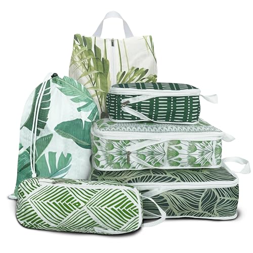 6 Pcs Compression Packing Cubes, Packing Cubes for Travel, Waterproof Luggage Organizer Bags Set, Cute Packaging Cubes for Women Kids Backpack Carry-Ons - color: Green Tropical Leaves, size: 6 Set