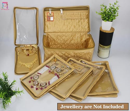 atorakushon Set of 5 Satin Makeup Pouches Cosmetic Necklace Earrings Vanity Jewellery Organizer For Women's (Golden) - color: Gold