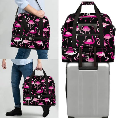 Travel Duffle Bags With Shoes Compartment for Women Men Animal Pink Flamingo Lightweigh Sports Tote Gym Bag Foldable Canvas Weekender Overnight Carry On Luggage Handle Bag - color: A05:Pink Flamingo