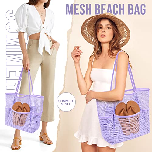 KPX Beach Bag with Mini Pocket, Summer Beach Tote Bags for Women Large Foldable Mesh Swimming Pool Travel Bags - Sandproof - color: Purple
