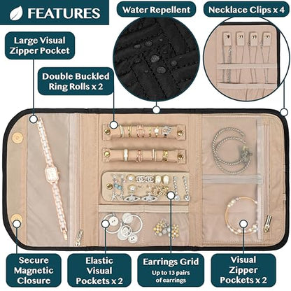 Pavilia Foldable Jewelry Organizer Roll Bag, Small Travel Pouch Wallet for Earrings, Rings, Necklaces, Bracelets (Quilt Black) - color: Quilt Black
