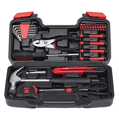 39-Piece Household Tools Kit - Small Basic Home Tool Set with Plastic Toolbox - Great for College Students, Household Use & More - color: Red