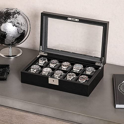ROTHWELL 10 Slot Leather Watch Box - Luxury Case Display Jewelry Organizer - Locking Watch Display Case Holder with Large Glass Top - Box Organizer for Men and Women (Black/Grey) - color: Black / Grey