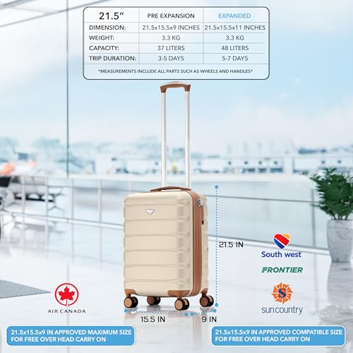 Flight Knight 21.5x15.5x9 Expandable Carry On Suitcase Hardside TSA Lock & USB C Port Lightweight Luggage Silent Double Spinner Wheels Maximum Canada Air Overhead Bag Airlines Approved Cream - color: Cream/Tan, size: 21.5x15.5x9"