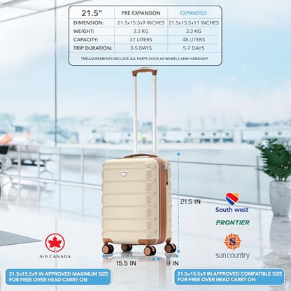 Flight Knight 21.5x15.5x9 Expandable Carry On Suitcase Hardside TSA Lock & USB C Port Lightweight Luggage Silent Double Spinner Wheels Maximum Canada Air Overhead Bag Airlines Approved Cream - color: Cream/Tan, size: 21.5x15.5x9"