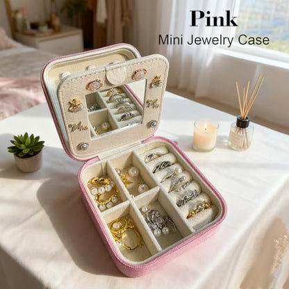 Travel jewelry case Travel jewelry box Travel Jewelry Organizer Small box Gift for Girls Women with Mirror (Pink + R) - color: Pink R