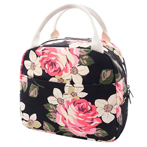 EurCross Floral Lunch Bag Classic for Women Girls, High Grade Cotton Canvas Insulated Lunch Box Bag Hold Bento Box or Round, Square and Uniquely Shaped Lunch Containers, Small Light Weight for Carry - color: Floral