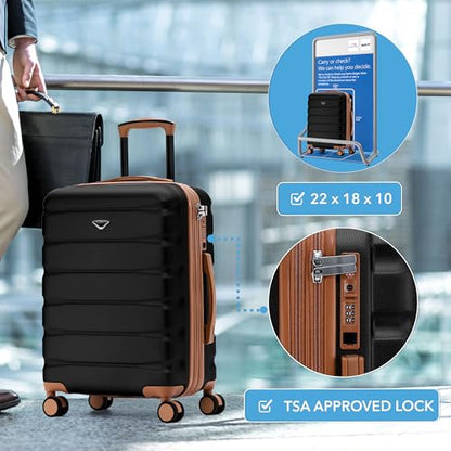 Flight Knight 22x18x10 Expandable Carry On Suitcase Hardside TSA Lock & USB C Port Lightweight Luggage Silent Double Spinner Wheels Maximum Spirit Overhead Carry-On Bag Airlines Approved Black - color: Black/Tan, size: 22x18x10"