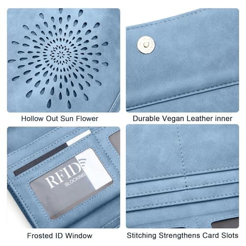 APHISON Womens Wallets RFID Blocking Leather Clutch Long Wallet for Women Card Holder Phone Organizer Ladies Travel Purse Hollow Out Sunflower Design Gift - color: d-Blue2