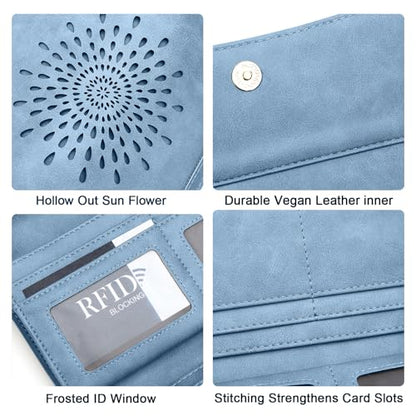 APHISON Womens Wallets RFID Blocking Leather Clutch Long Wallet for Women Card Holder Phone Organizer Ladies Travel Purse Hollow Out Sunflower Design Gift - color: d-Blue2