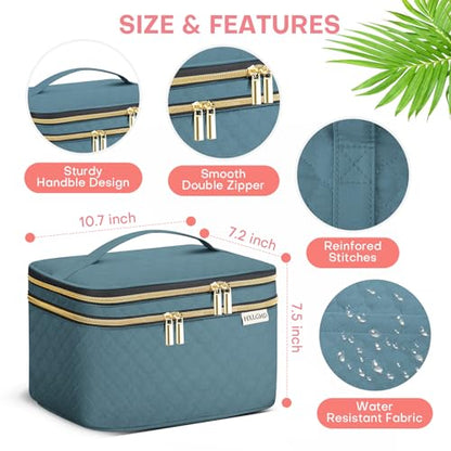 HXLGMD Large Makeup Bag with Mirror Double Layer Travel Make Up Organizer Case, Large Capacity Coemetic with Brush Slot Divider, Travel Toiletry Bag for Women (Lake Blue) - color: Lake Blue