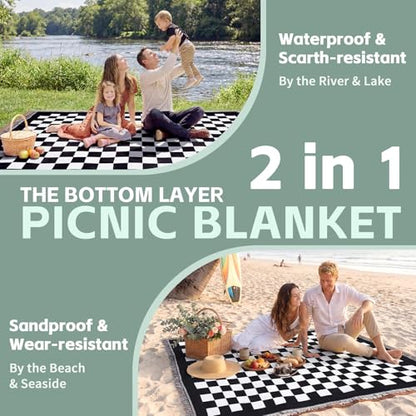 2 in 1 Extra Large Boho Beach Blanket Towel Picnic Mat Outdoor Rug Adult Men Guy Him Brother Dad Boyfriend Uncle Niece Best Friend Friendship Grandpa Husband Son Happy Birthday Cool Unique Gift - color: Checkered Black