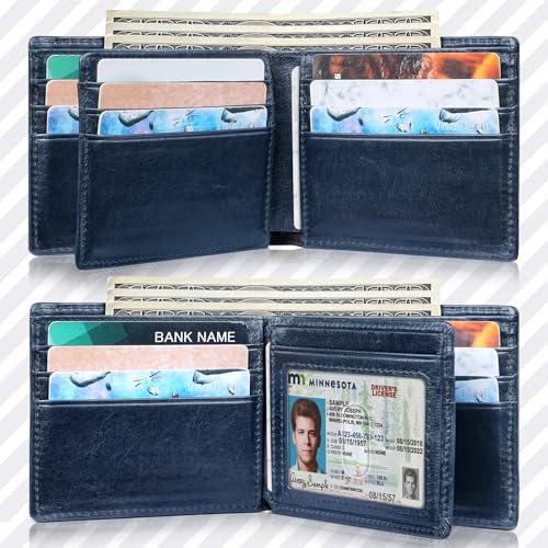 Artpaxy Mens Wallet Bifold Genuine Leather RFID Blocking Wallet for Men with 1 ID Windows 13 Card Holders 2 cash pockets 1 Gift Box - color: Navy Blue