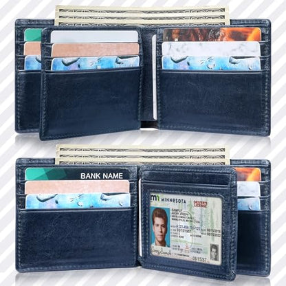 Artpaxy Mens Wallet Bifold Genuine Leather RFID Blocking Wallet for Men with 1 ID Windows 13 Card Holders 2 cash pockets 1 Gift Box - color: Navy Blue