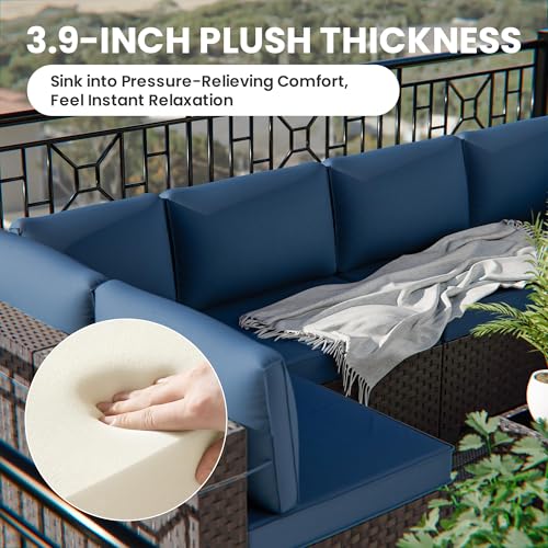 9 Pieces Outdoor Sectional Furniture All Weather PE Rattan Wicker Patio Conversation Set with Coffee Table and 8 Thickened Cushions,Navy Blue - color: Navy Blue, size: 9 Sofa Set