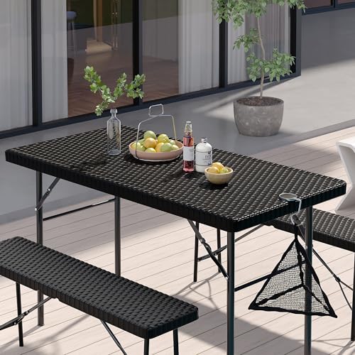 VECELO 3 Piece Folding Picnic Table with 2 Benches, 47.2" Faux Rattan Patio Set with Mesh Bag, Heat-Resistant & Waterproof, for Indoor Outdoor Use, Black