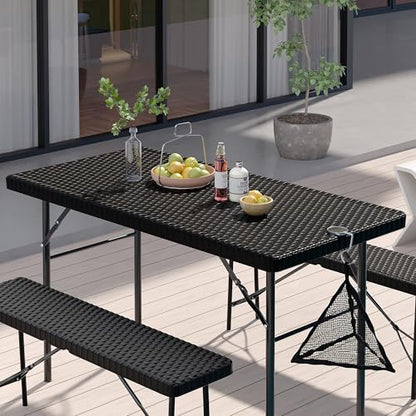 VECELO 3 Piece Folding Picnic Table with 2 Benches, 47.2" Faux Rattan Patio Set with Mesh Bag, Heat-Resistant & Waterproof, for Indoor Outdoor Use, Black