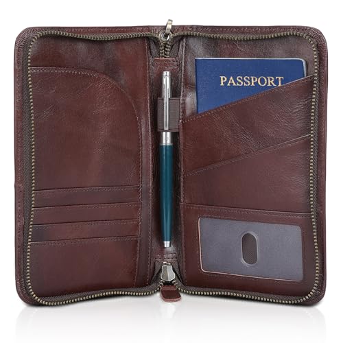 Polare Full Grain Leather Passport Holder With YKK Zipper RFID Blocking Travel Document Organizer Ticket Holder Cover Case Holds 2 Passports (Coffee) - color: Coffee