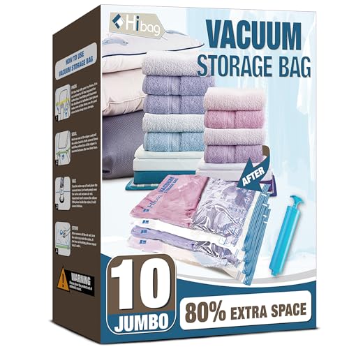 HIBAG Vacuum Storage Seal Bags, 10 Jumbo Space Saver Vacuum Sealer Bags for Clothes, Comforters, Blankets, Bedding (10J) - size: 10-Jumbo