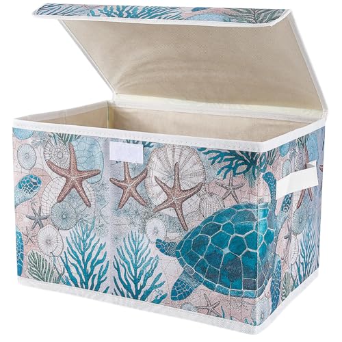 Turtle Themed Storage Basket With Lid Fabric 15 x 9.5 x 9.5 Inch Decorative Organizer, Sea Animal Storage Bin Rectangle Collapsible Container with Carrying Handle for Bedroom Closet Shelves - color: Turtle