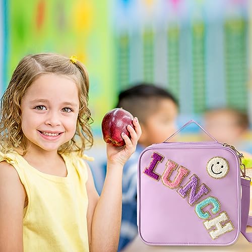 Insulated Lunch Bag With Adjustable Shoulder Strap, Nylon Preppy Lunch Box Large Insulated Lunch Bag Reusable Lunch Tote Bag with Smiley Preppy LunchBag for Girls School Travel Picnic (Purple) - color: Purple