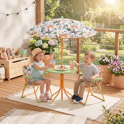 HONEY JOY Kids Picnic Table, Animal Themed Toddler Outdoor Table and Chair Set, 2 Folding Chairs & Removable Umbrella, Children Outdoor Furniture for Backyard Patio Garden (Green Tiger) - color: Green Tiger