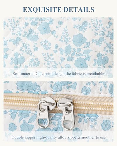 HBselect Initial Quilted Makeup Bag, Cotton Large Travel Make up Bag, Cute Floral Coquette Cosmetic Bag Toiletry Bag for Women Girls A - color: 1Pc Large Blueflower, style: A
