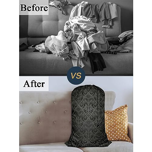 Swono Dark Grey Damask Extra Large Laundry Bag with Drawstring Heavy Duty Travel Dirty Clothes Bag for Laundromat and Household - color: Dark Grey Damask