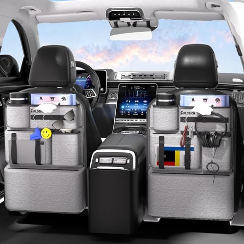 FLORICH 2 PACK PU Coated Fabric Car Backseat Organizer, Durable Large capacity Seat Back Organizer and Storage with 6 Pocket, Kick Mats Back Seat Protector for Kids Universal Fit - color: F-Backseat Organizer-Gray-2Pack
