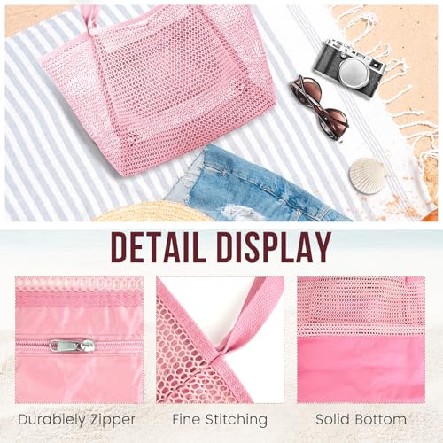 HOHOM Beach Bags for Women, Summer Travel Mesh Tote Bag with Large Inner Pocket, Sandproof Woven Shoulder Handbag - color: Pinky