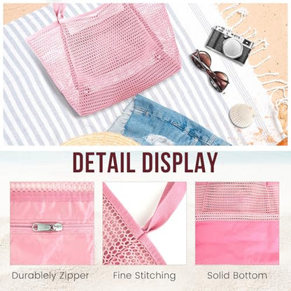 HOHOM Beach Bags for Women, Summer Travel Mesh Tote Bag with Large Inner Pocket, Sandproof Woven Shoulder Handbag - color: Pinky