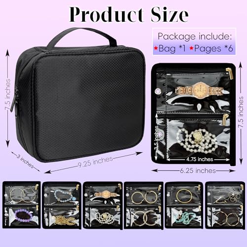 Travel Jewelry Organizer Case,Jewelry Bags for Traveling, Jewelry Binder with 24 Pcs Clear Zipper Velvet Pouches for Storing Earrings, Rings, Necklace, Bracelet, Watch (Black) - color: Black