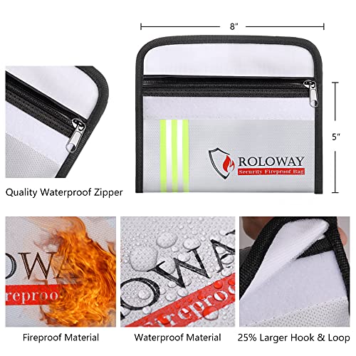 ROLOWAY Small Fireproof Bag (5 x 8 inches) with Reflective Strip, Non-itchy Fireproof Money Bag for Cash, Valuables, Passport, Currency & Keys (2-Pack Silver) - size: 8 x 5 inch, style: Silver With Reflective Strip