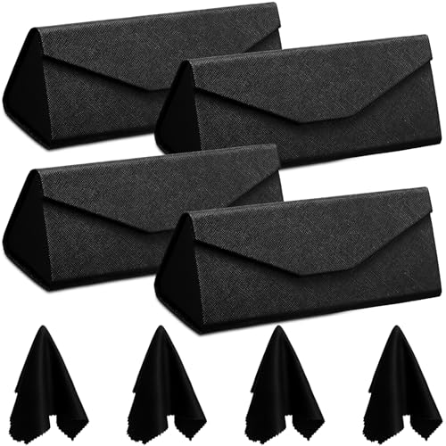 Flutesan 4 Pack Foldable Glasses Sunglasses Case PU Hard Shell Collapsible Eyeglasses Leather Case 4 Cleaning Cloths - color: Black Color