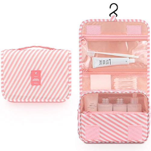 Mossio Hanging Toiletry Bag - Large Cosmetic Makeup Travel Organizer for Men & Women with Sturdy Hook - color: Pink Striped