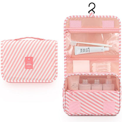 Mossio Hanging Toiletry Bag - Large Cosmetic Makeup Travel Organizer for Men & Women with Sturdy Hook - color: Pink Striped