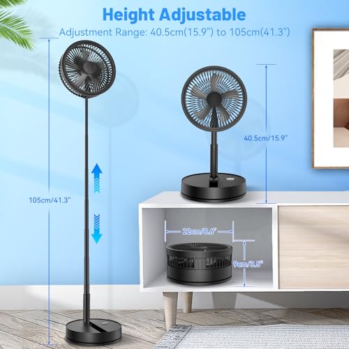 LIPETY Portable Foldable Oscillating Fan - 8.6" 8000mah Rechargeable Battery Operated USB C Small Fan with Remote Quiet Table Desk Fan Folding Standing Pedestal Fan for Rome Office Camping Travel - color: black