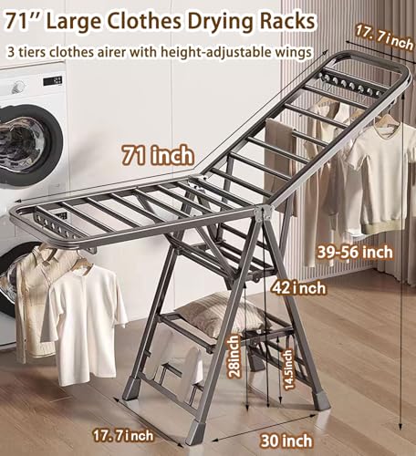 Mimiblack Clothes Drying Rack Foldable, 3-Level Large Clothes Airer Drying Rack, Heavy Duty Metal Laundry Dryer Stand with Wheels for Clothing & Bedding, Indoor & Outdoor Use, 70.8" L×17.7" W, Gray