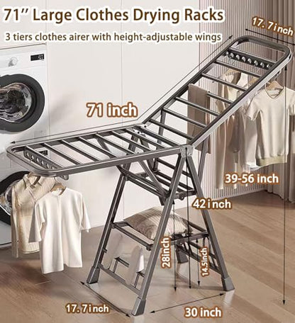 Mimiblack Clothes Drying Rack Foldable, 3-Level Large Clothes Airer Drying Rack, Heavy Duty Metal Laundry Dryer Stand with Wheels for Clothing & Bedding, Indoor & Outdoor Use, 70.8" L×17.7" W, Gray