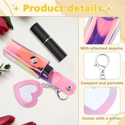 Sisadodo Glitter Lip Oil Holder Key Chains for Woman Lipstick Case with Mirror Lip Balm Keychain for Lipstick Case Keychain - color: Pv Pink-heart