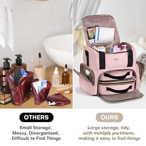 BAFAMYE Large Makeup Cosmetic Bag with 2 Removable Case, Double Layer Travel Makeup Organizer Case, travel Toiletry Bag For Women, Pink - color: Pink
