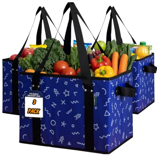 Reusable Grocery Bags (3 Pack) - Heavy Duty Foldable Tote Bags with Long Handles & Hard Bottom - Large Reusable Shopping Bags, Box-Shaped Grocery Totes Hold Up to 65 lbs, Stand Up & Fold Flat - color: Navy Blue