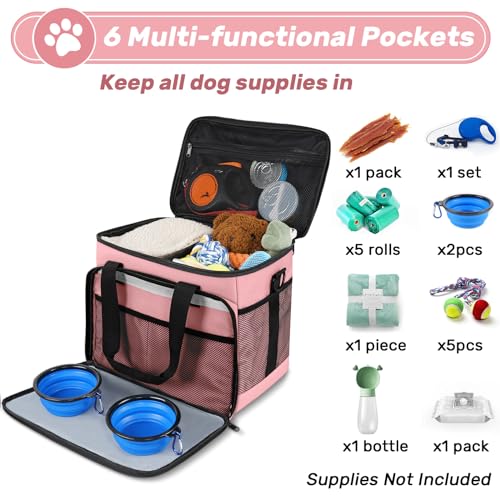 6 Set Dog Travel Bag, Large Pet Supplies for Dogs, Includes 2 Collapsible Dog Bowls, 2 Food Containers, 1 Treat Pouch with Pet Travel Bag, Pink - color: Pink