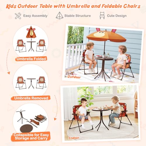 HONEY JOY Kids Picnic Table, Animal Themed Toddler Outdoor Table and Chair Set, 2 Folding Chairs & Removable Umbrella, Children Outdoor Furniture for Backyard Patio Garden (Brown Monkey) - color: Brown Monkey