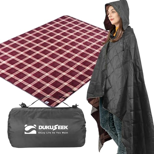 DUKUSEEK Large Camping Blanket - Waterproof, Quilted, Extra Thick Fleece, Warm, Windproof, Wearable, Includes Foldable Hood and Stuff Sack for Car, Outdoor Sports, Picnics, Stadiums, Dogs - color: Black Outer With Red Plaid Fleece