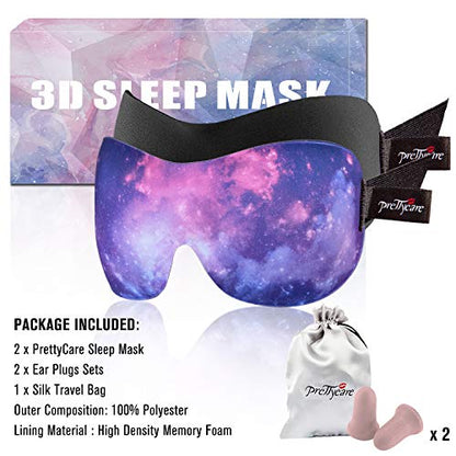 PrettyCare 3D Sleep Mask 2 Pack,Eye Mask for Sleeping 3D Contoured Sleeping Mask Blackout Out Light - Blindfold Airplane with Ear Plugs, Night Masks with Travel Bag (Ultra Purple and Black) - color: Ultra Purple and Black