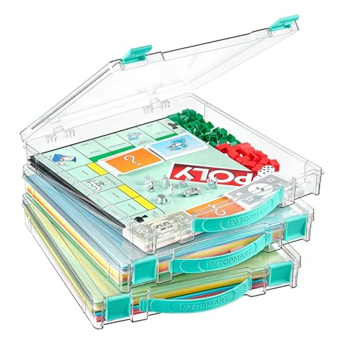 Vtopmart 3 Pack Board Game Storage with Handle and Snap-Tight Latch Lid, Craft Organizer Fit 12" x 12" Papers, Stackable Clear Storage Box for Scrapbook Storage, Art Supply Storage, Puzzle Storage - size: 3 Pack